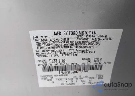 2013 Ford Taurus Limited z USA, uszkodzony, nr VIN 1FAHP2F86DG138295